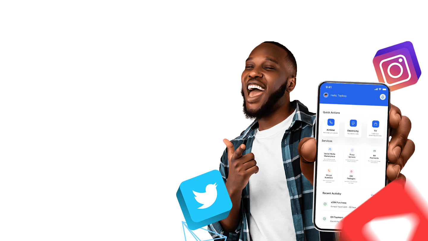 Happy man holding a phone with social media growth graphics