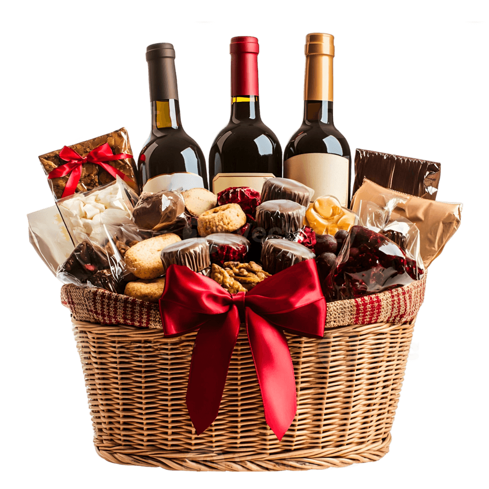 Gift basket with chocolates and bottles