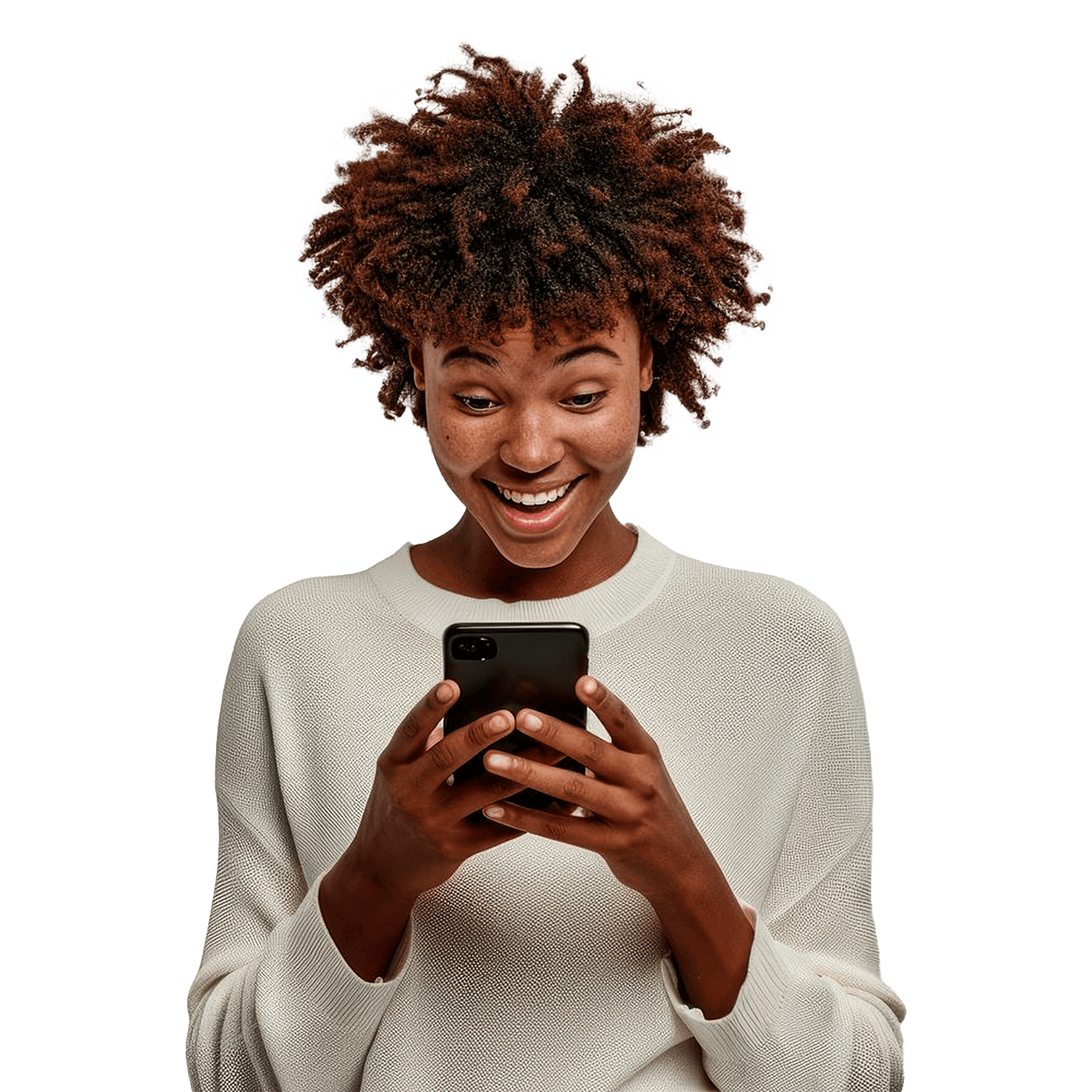 Woman smiling while checking mobile data on phone